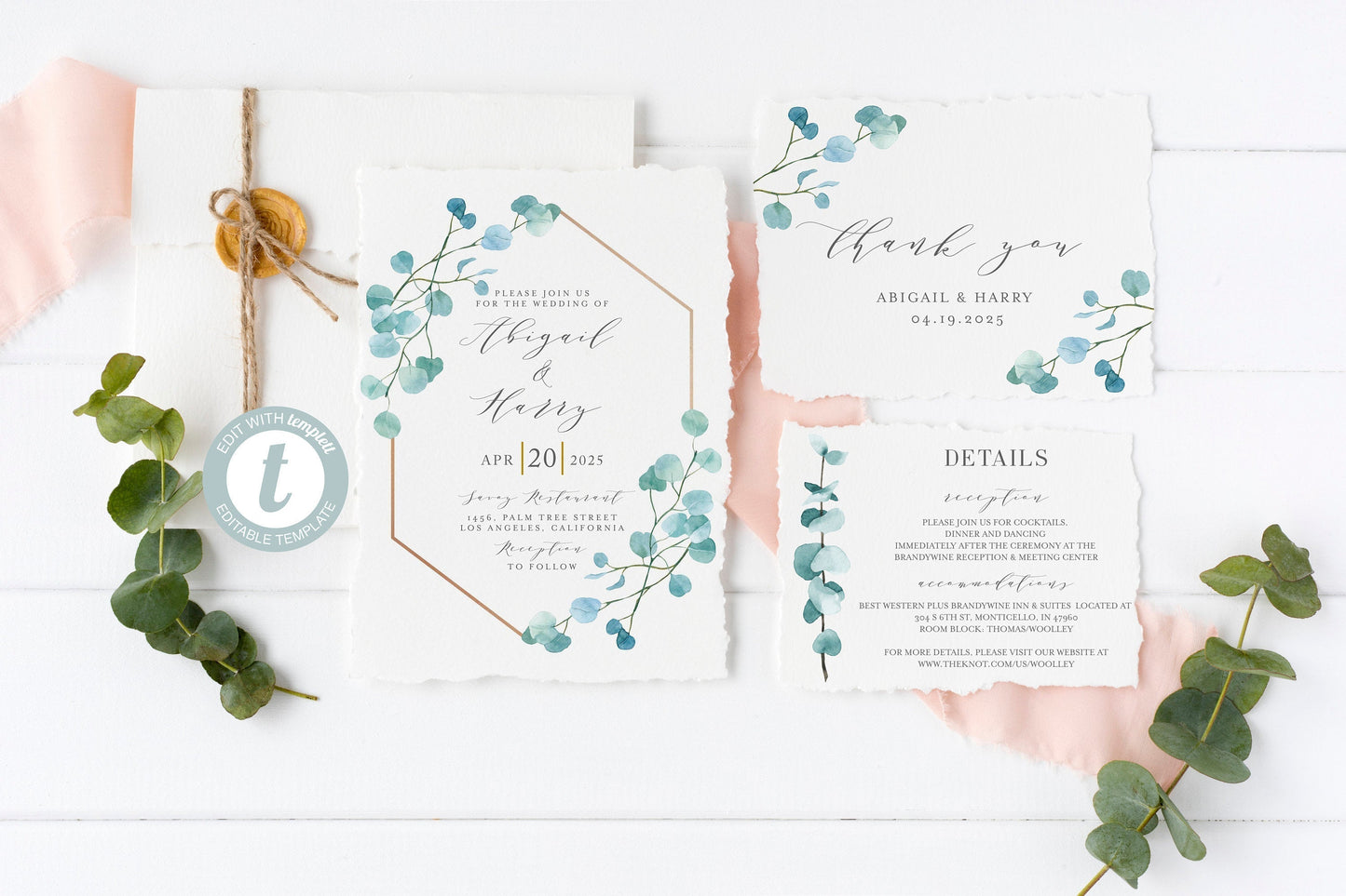 Printable Greenery Geometric Wedding Invitation Set Editable Template, DIY Instant Download Invites, Invitation Suite, 100 % editable - Abi WEDDING INVITATION SETS SAVVY PAPER CO
