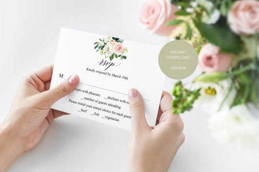 RSVP Card Template, Wedding RSVP, Response Card, RSVP cards, Rustic Wedding, Printable rsvp, Wedding Response, Greenery, Floral  - Eloise RSVP & DETAILS CARDS SAVVY PAPER CO