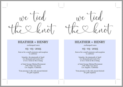 We tied the knot Wedding Invitation Template, Editable,Printable, Calligraphy, Heart, Wedding Announcement, Elopement, we eloped - Heather ELOPEMENT SAVVY PAPER CO