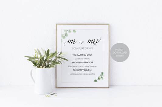 Wedding Bar Sign, Wedding Drink Sign, Bar Menu, DIY, Wedding signs, Mr and Mrs Drinks, Template, Instant Download, Wedding Decor SIGNS | PHOTO BOOTH SAVVY PAPER CO