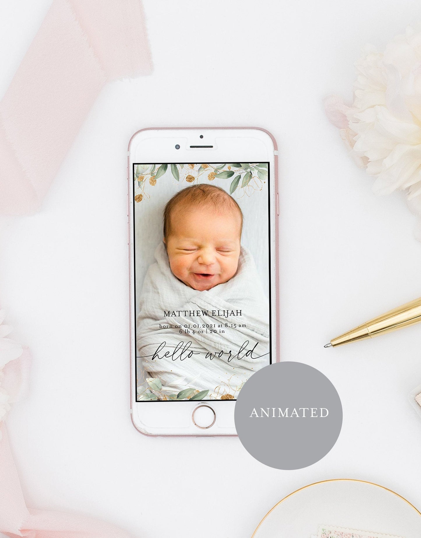 Animated Birth Announcement Baby, Greenery Newborn Announcement, Video Mp4 Newborn Announcement, Instagram Story  SAVVY PAPER CO