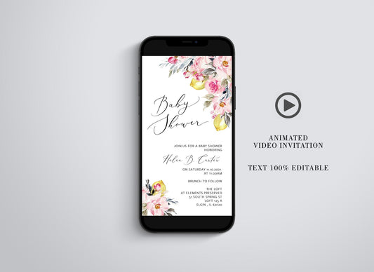 Animated Bridal Shower Invitation, Bridal Shower Invite, Video Mp4, Lemon, Pink Floral  SAVVY PAPER CO