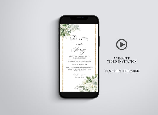 Animated Gold Wedding Invitation, Video Wedding Invite, Greenery Floral Wedding  SAVVY PAPER CO