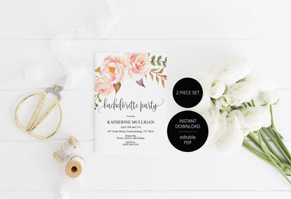 Bachelorette Party Invite, DIY Editable Instant Download Bachelorette Invites, Blush Floral Invitation Template - Katherine SHOWERS | BACHELORETTE SAVVY PAPER CO