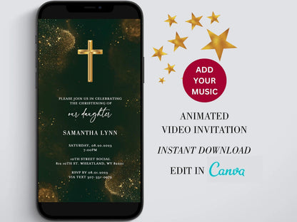 Baptism Invitation template gold cross Glitter Baptism Invites Digital Christening Invite Gold cross baptism Canva Electronic card  SAVVY PAPER CO