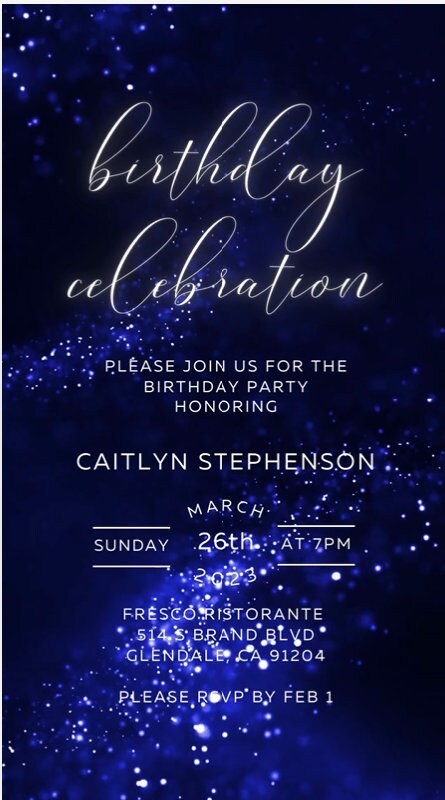 Blue Birthday Celebration Video Invitation, Adult bday Invite, Instant Download, Electronic Birthday Party Glitter Invitation, Any Age - SAVVY PAPER CO