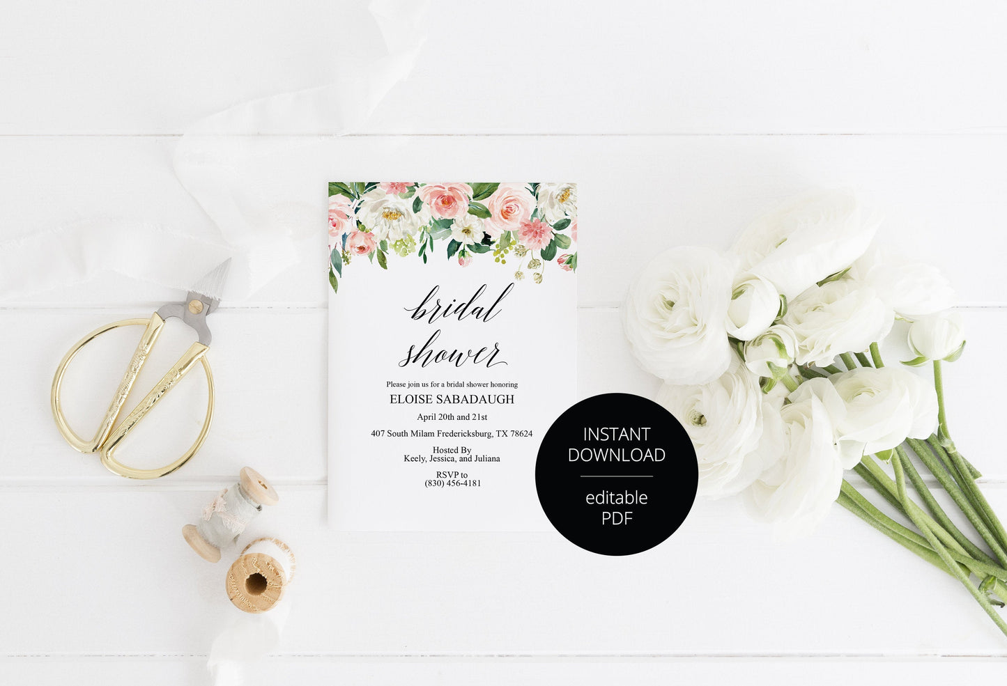 Blush Floral Bridal Shower Invitation Instant Download Printable Editable Template DIY Bridal Shower Invite  - Eloise SHOWERS | BACHELORETTE SAVVY PAPER CO