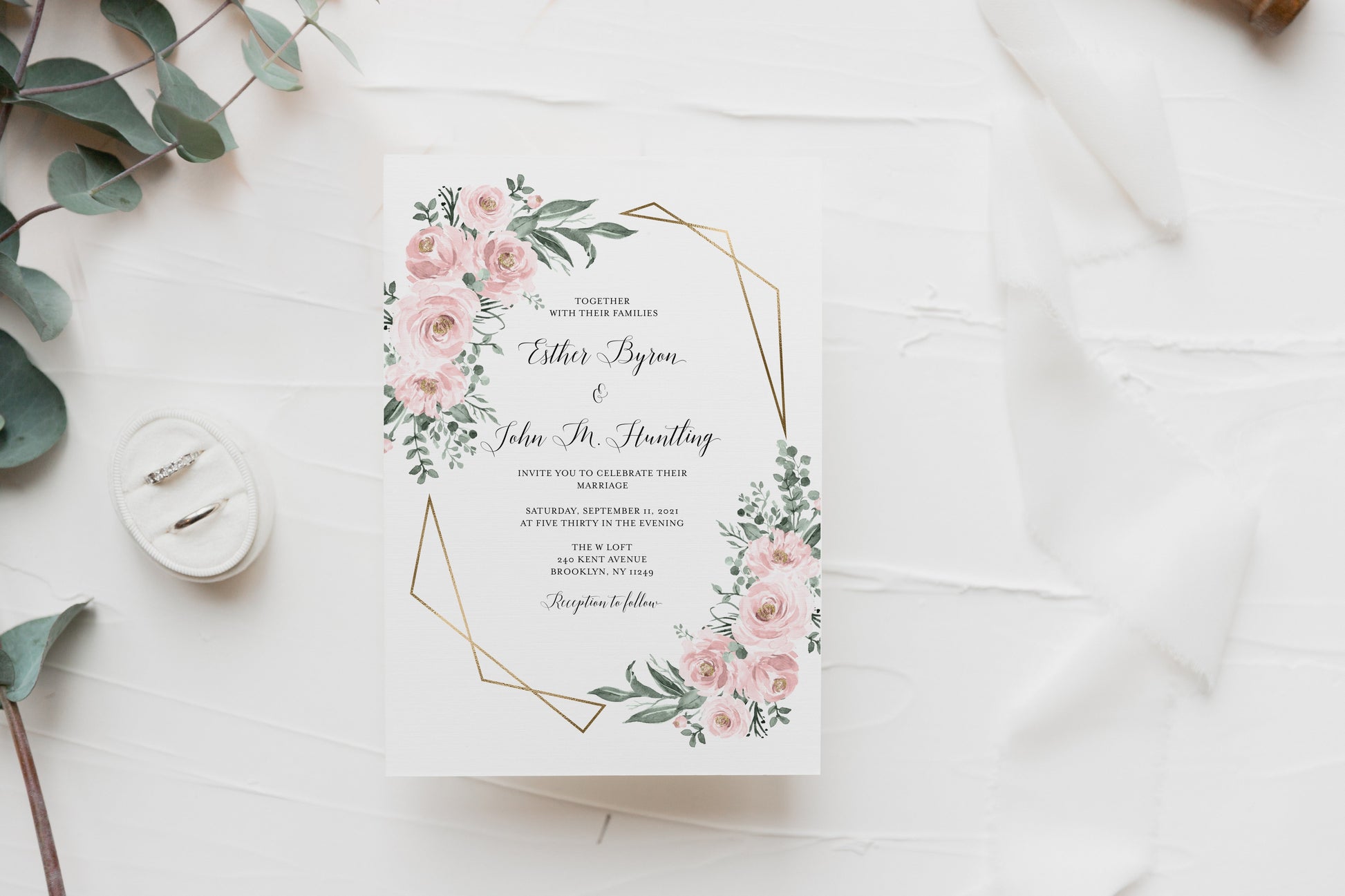 Blush Floral Wedding Invitation Printed Gold Geometric Frame Wedding Invites Faux Gold  [ ]