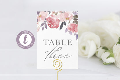Blush Wedding Table Number, Floral Watercolor, Printable, Numbers Printable, Instant Download, Templett, Table Number Cards  -Sheilla TABLE NUMBERS SAVVY PAPER CO