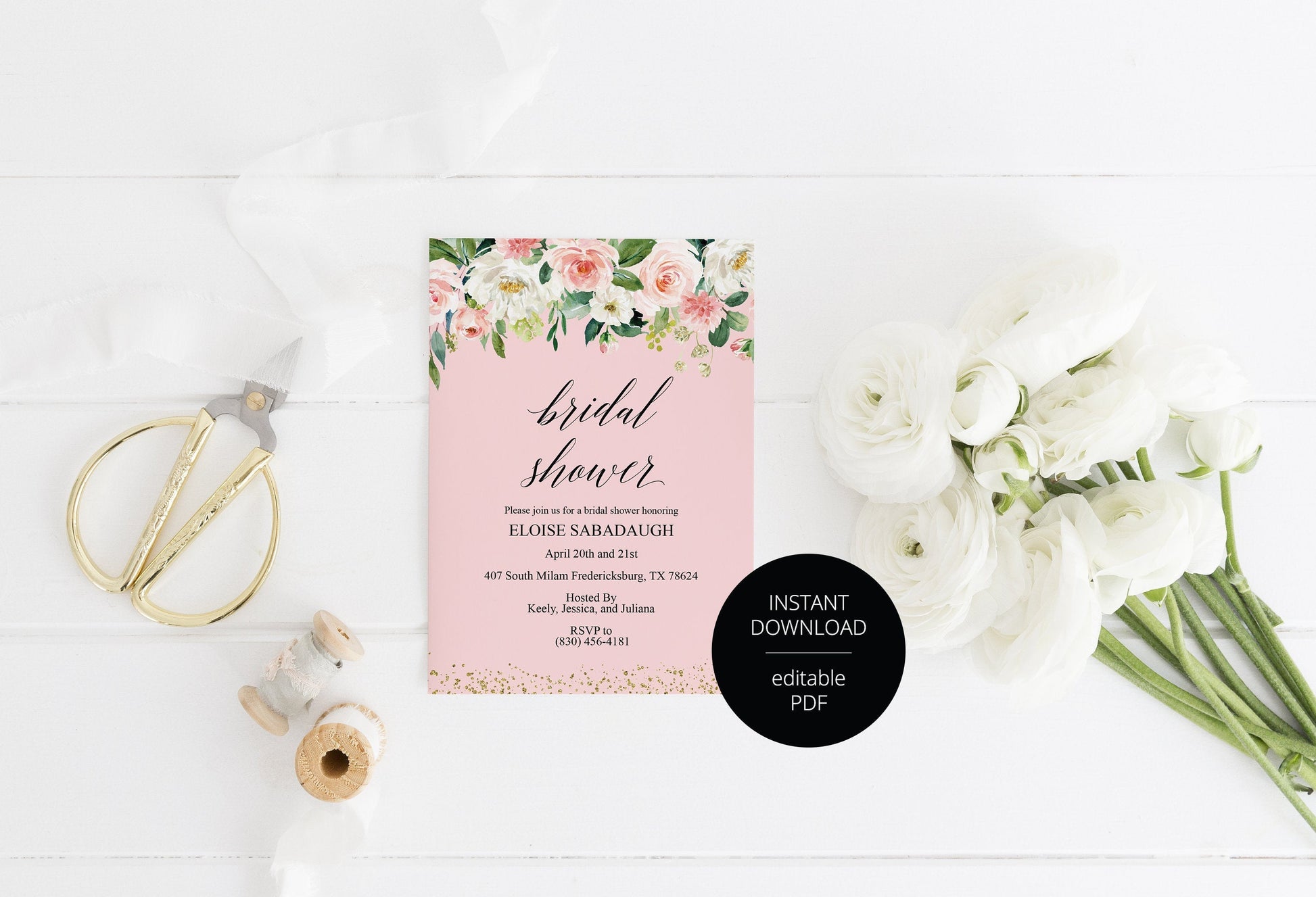 Bridal Shower Invitation Instant Download Printable Editable Template DIY Bridal Shower Invite Blush Floral  - Eloise SHOWERS | BACHELORETTE SAVVY PAPER CO