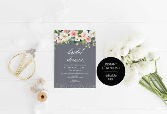Bridal Shower Invitation Instant Download Printable Editable Template DIY Bridal Shower Invite Blush Floral Gray - Eloise SHOWERS | BACHELORETTE SAVVY PAPER CO