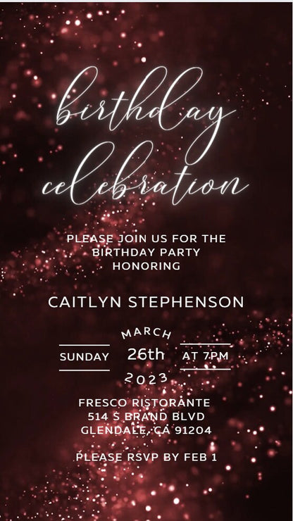 Burgundy Digital Birthday Invitation template for women electronic invitations any age edit in Canva evite send online instant download - SAVVY PAPER CO