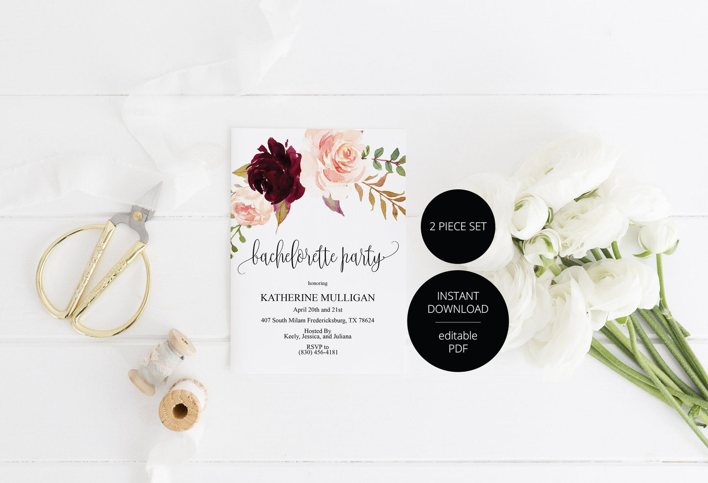Burgundy Floral Bachelorette Party Invite, DIY Editable Instant Download Bachelorette Invites Invitation Template - Katherine SHOWERS | BACHELORETTE SAVVY PAPER CO