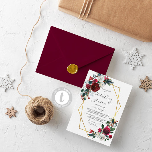 Burgundy Wedding Christmas Invitation Template Printable DIY Instant Download Editable Wedding Invites Geometric - Ada WEDDING INVITATIONS SAVVY PAPER CO