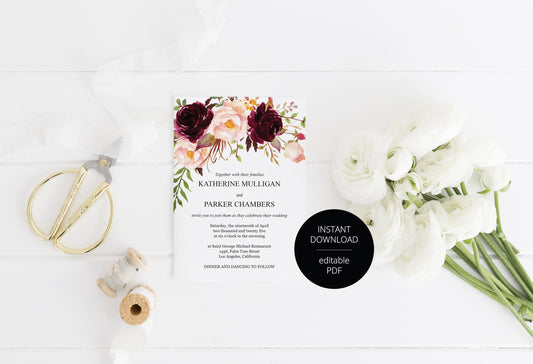 Burgundy Wedding Invitation Editable Template, Printable DIY Instant Download Invites, Digital Download Invitations - Katherine WEDDING INVITATIONS SAVVY PAPER CO
