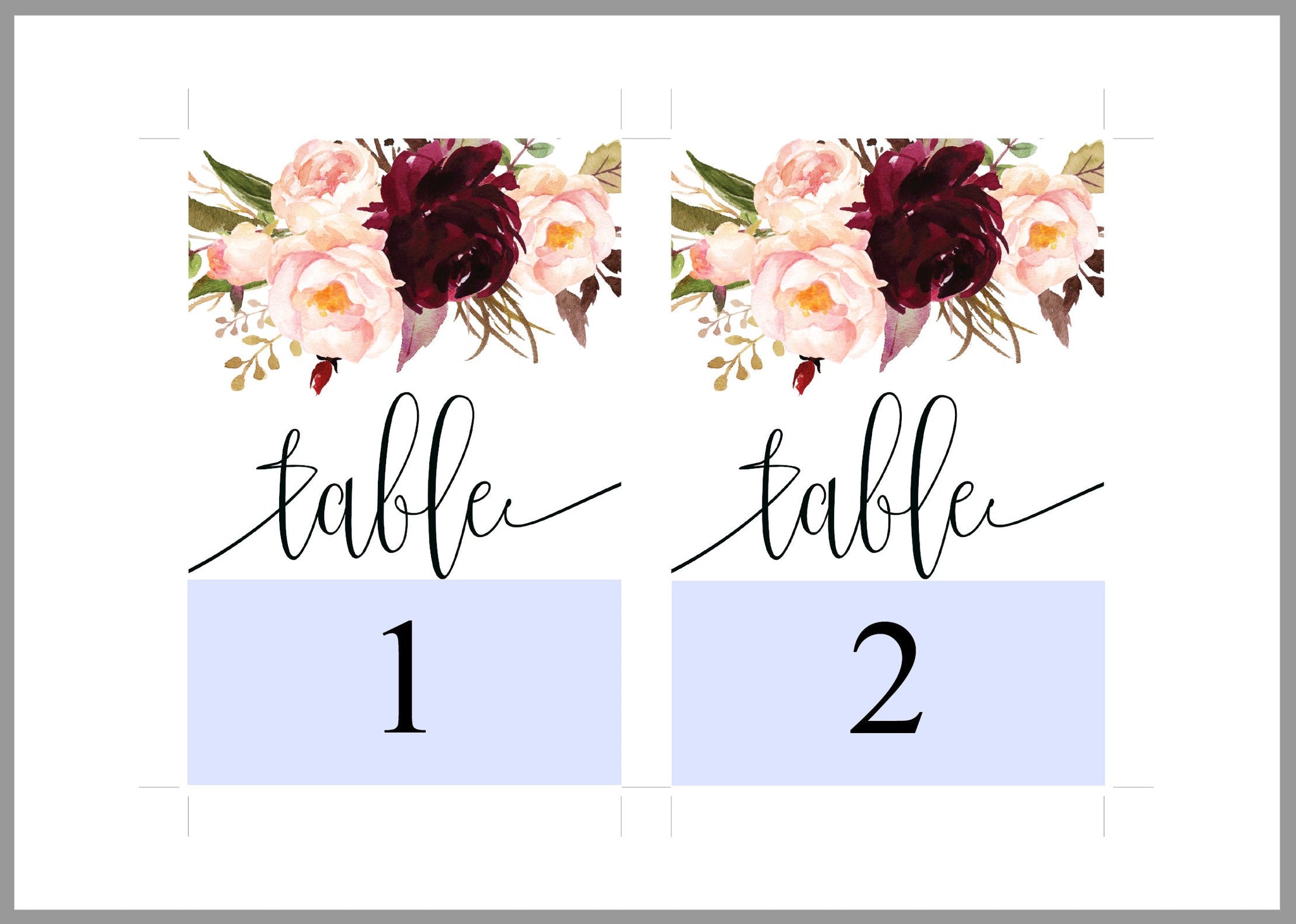 Burgundy Wedding Table Number, Wedding Table Printable Numbers Printab ...