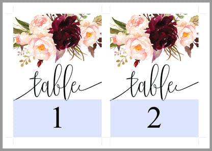 Burgundy Wedding Table Number, Wedding Table Printable Numbers Printable, Instant Download,DIY Table Numbers, Table Number Cards  -KATHERINE TABLE NUMBERS SAVVY PAPER CO