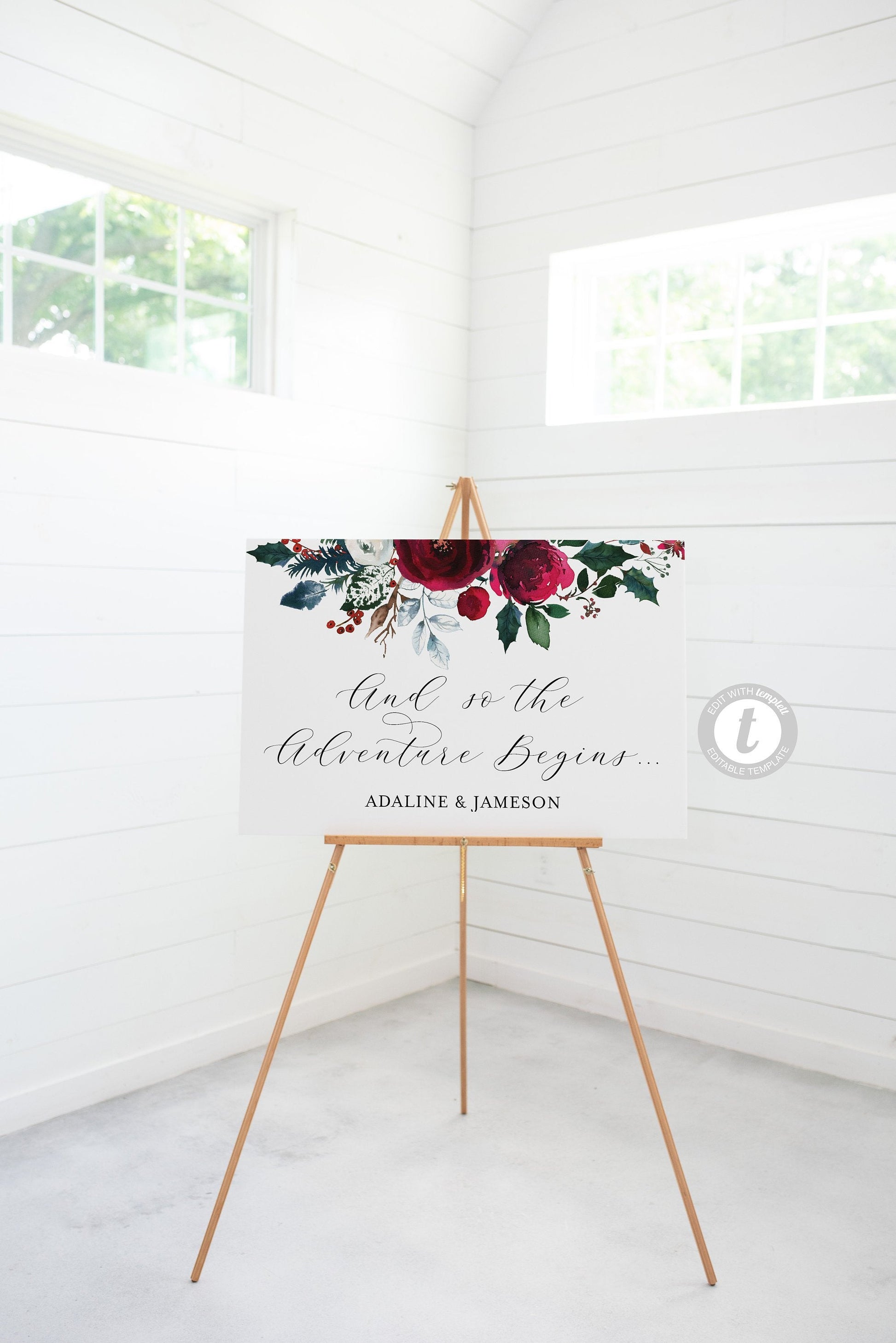 Burgundy Wedding Welcome Sign Template, Printable Christmas Editable Welcome Sign, Welcome Wedding Sign Instant Download  - ADA  SAVVY PAPER CO