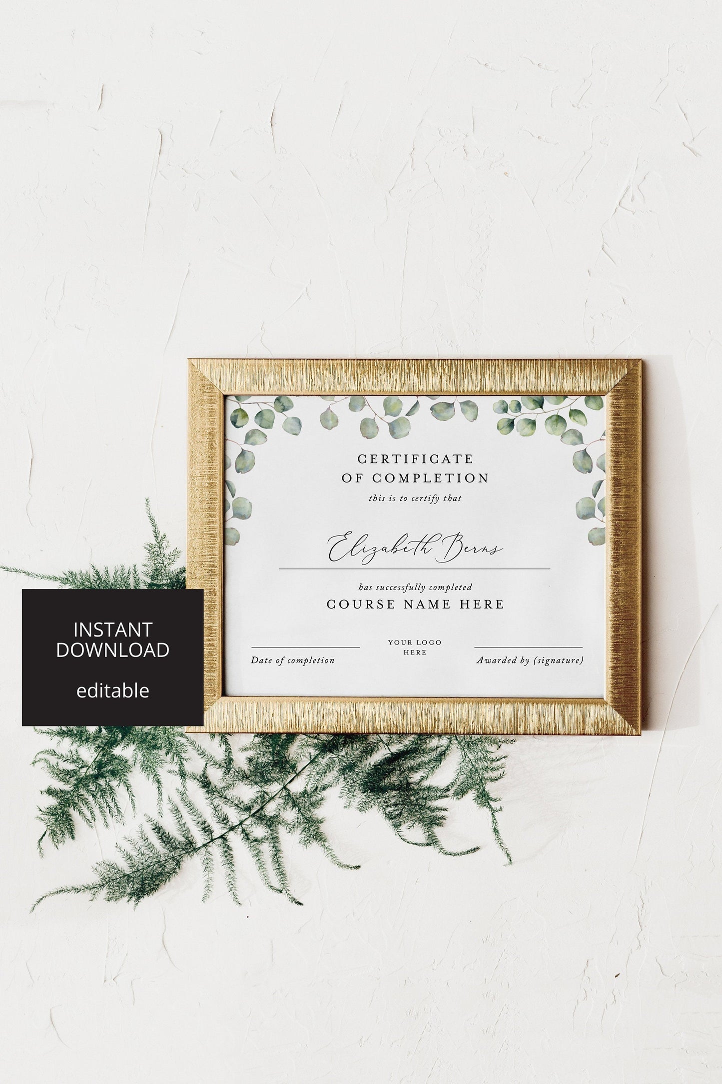 Certificate of Completion, Greenery certificate, Classes Template, Course Certificate, Printable, Instant Download, Eucalyptus  SAVVY PAPER CO