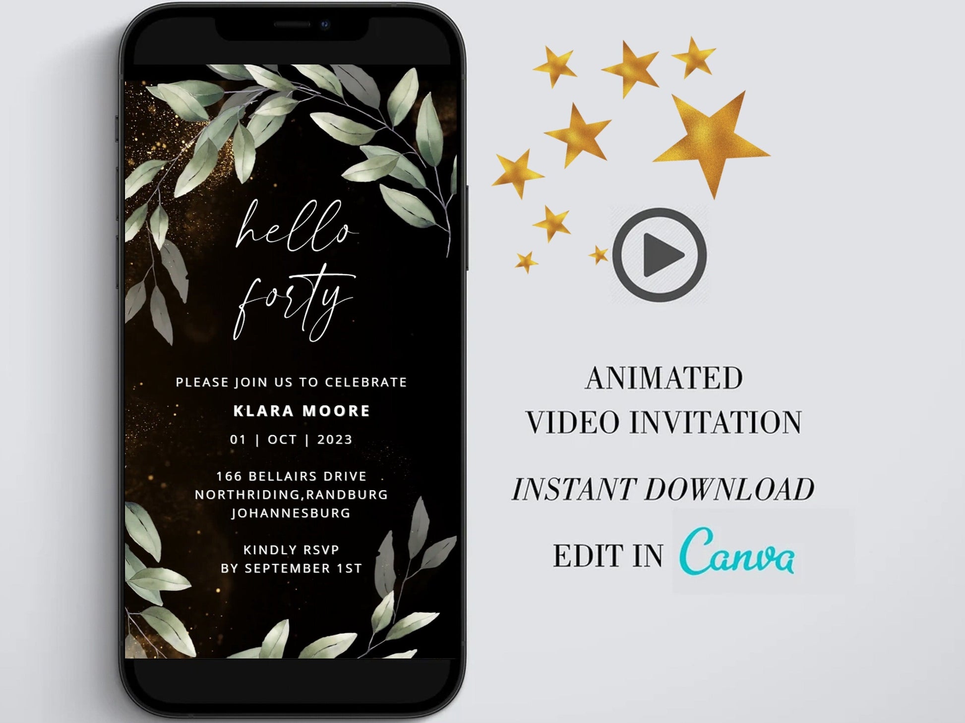 Digital 40th birthday video invitation, Gold Editable Invite, Personalized animated invitations Any Age, Instant Download, Ecard Template - SAVVY PAPER CO