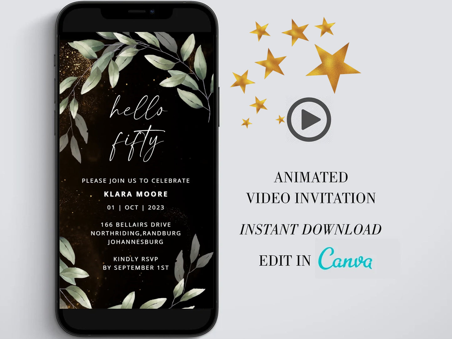 Digital 50th birthday video invitation, Gold Editable Invite, Personalized animated invitations Any Age, Instant Download, Ecard Template - SAVVY PAPER CO