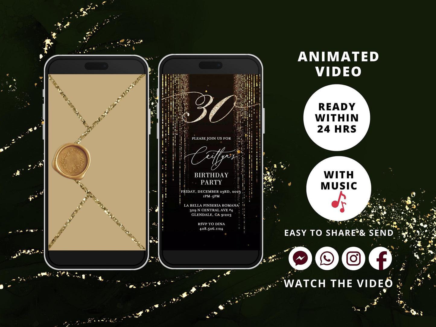 Digital Gold 30th Birthday Dinner Video Invitation, Electronic Dinner Party Invite, Gold Glitter Dripping, Personalized Invitation, Any Age - SAVVY PAPER CO