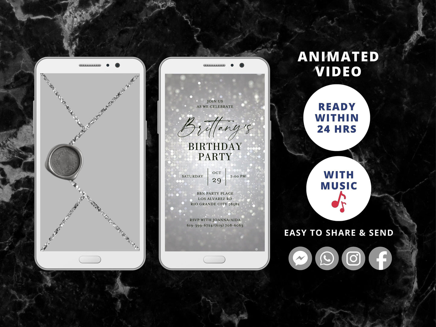 Digital Silver Birthday Dinner Video Invitation, Electronic Dinner Party Invite, Silver Glitter Dripping, Editable Invitation, Any Age - SAVVY PAPER CO