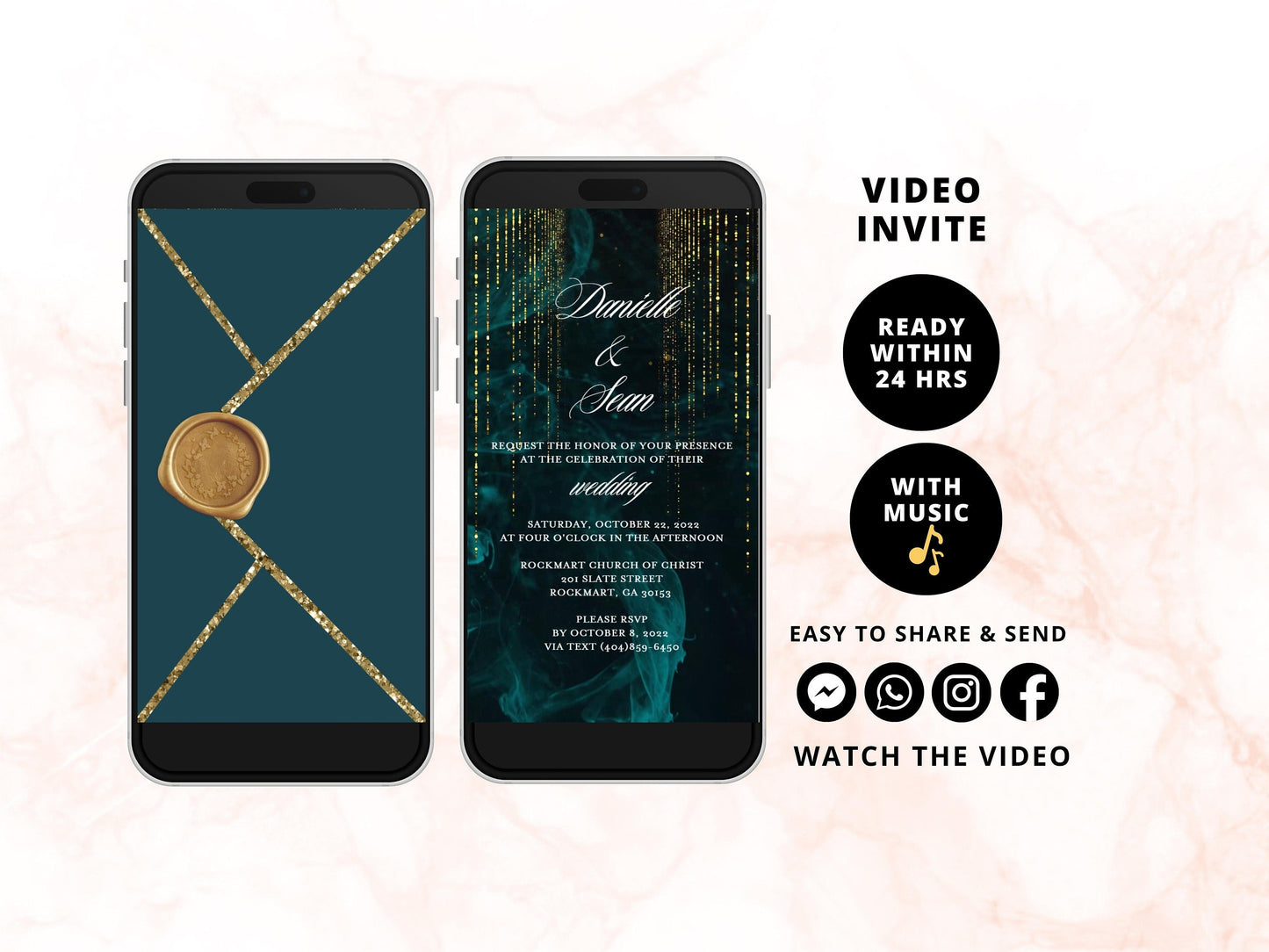 Digital Teal Wedding Video Invitation, Electronic Wedding Invite, Gold Glitter Dripping, Editable Invitation Personalized - SAVVY PAPER CO
