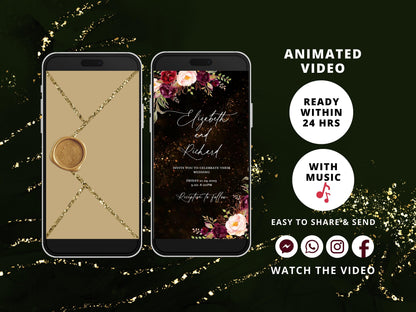 Digital Wedding Video Invitation, Electronic Wedding Evite, Burgundy Floral Invitation, Custom Wedding Invite, Wedding Animated Card - SAVVY PAPER CO