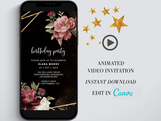 Digital birthday video invitation, Editable Video Invite, Personalized animated invitations Any Age, Instant Download, Floral Ecard Template - SAVVY PAPER CO