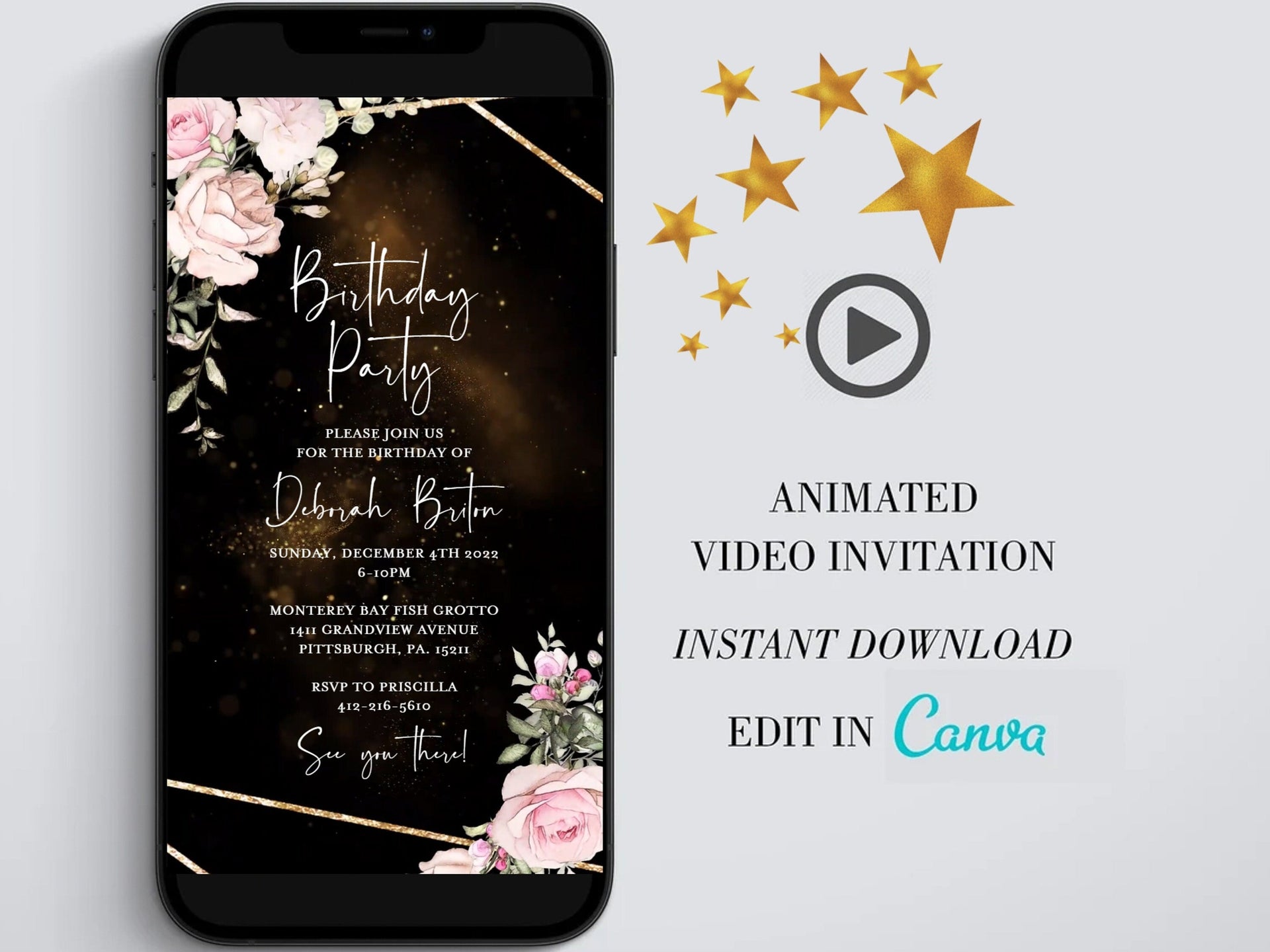 Digital birthday video invitation, Gold Editable Invite, Personalized