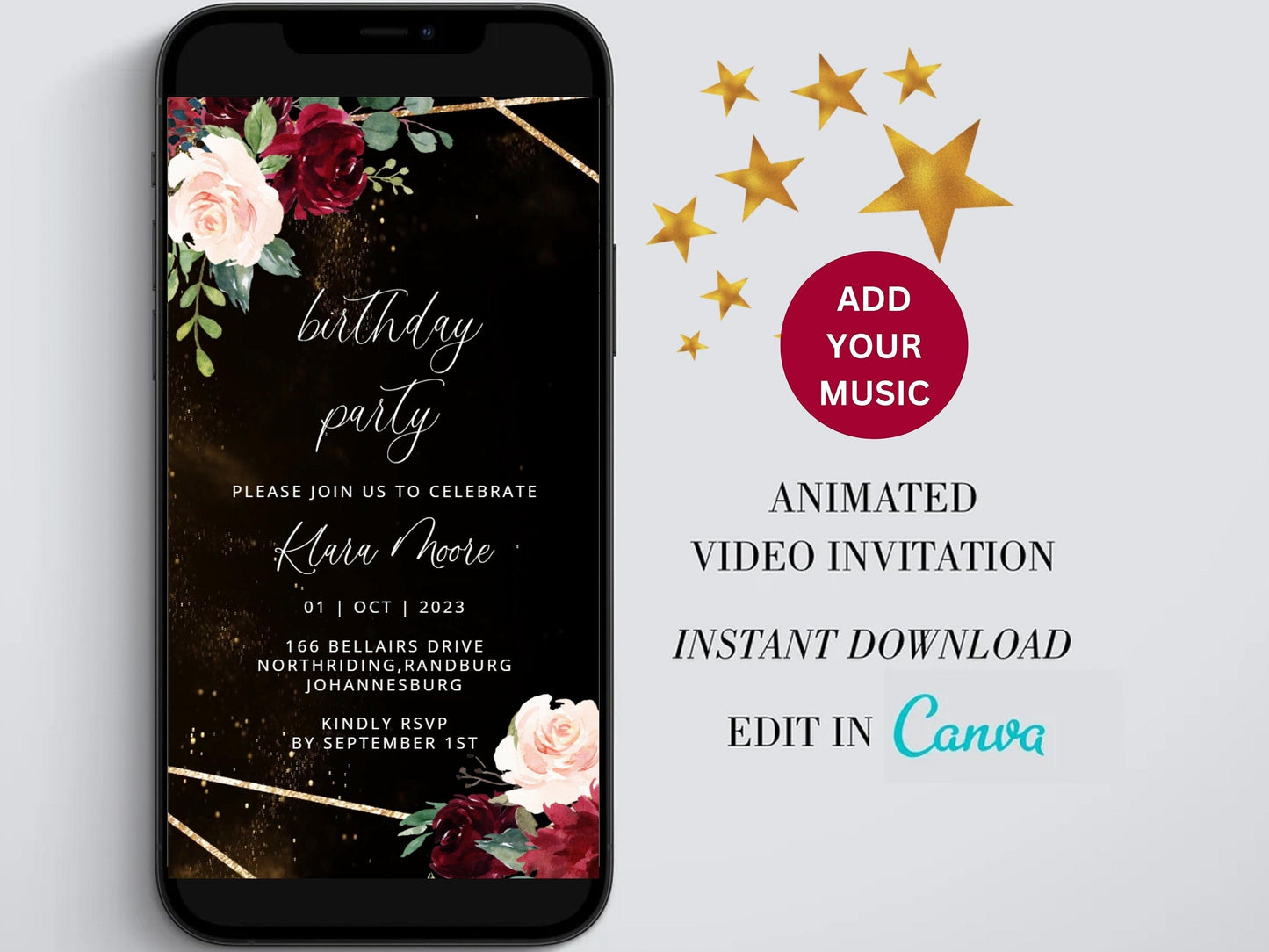 Digital birthday video invitation, Gold Editable Invite, Personalized animated invitations Any Age, Instant Download, Floral Ecard Template  SAVVY PAPER CO