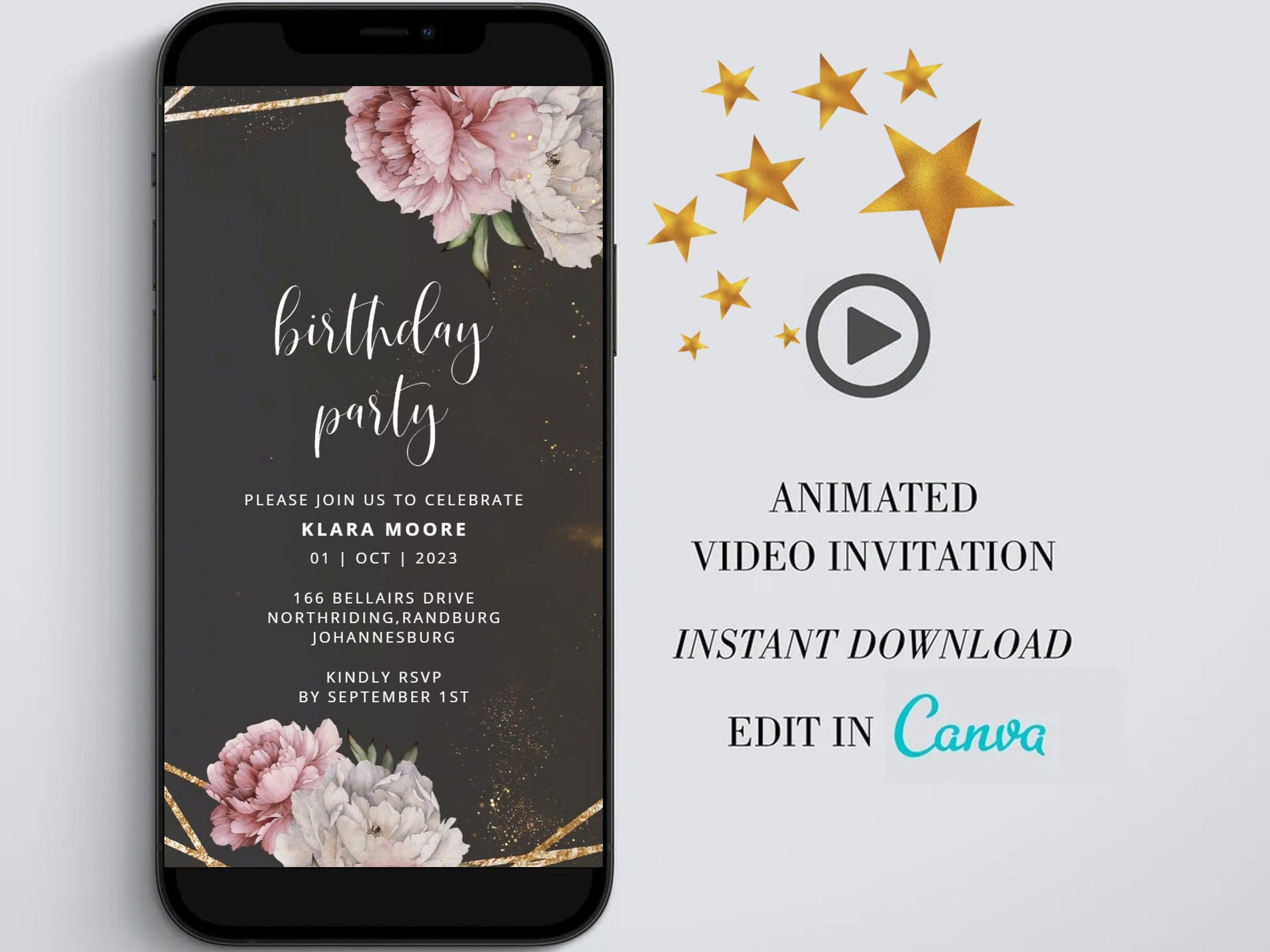 Digital birthday video invitation, Gold Editable Invite, Personalized animated invitations Any Age, Instant Download, Floral Ecard Template - SAVVY PAPER CO