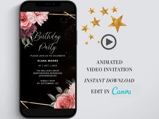 Digital birthday video invitation, Gold Editable Invite, Personalized animated invitations Any Age, Instant Download, Floral Ecard Template - SAVVY PAPER CO