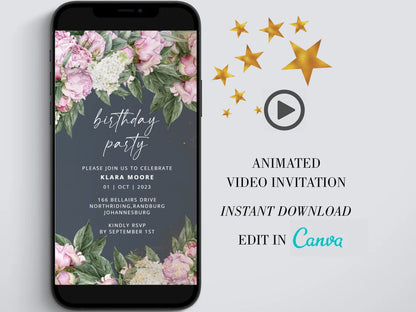 Digital birthday video invitation, Gold Editable Invite, Personalized animated invitations Any Age, Instant Download, Pink peonies Ecard - SAVVY PAPER CO