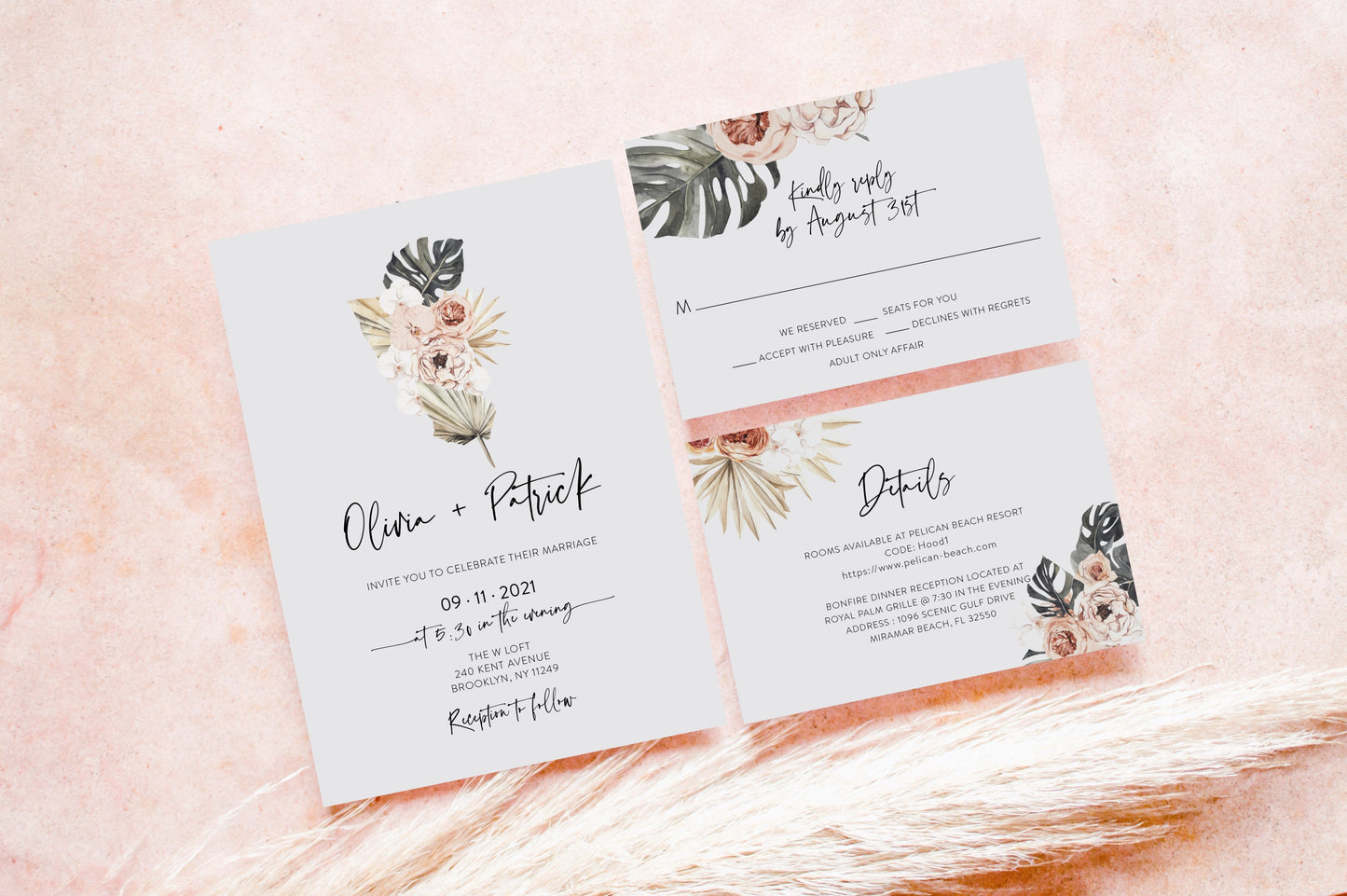 Dried Palms and Florals Bohemian Wedding Invitation Printed Boho Invites Orchid Modern  [ ]