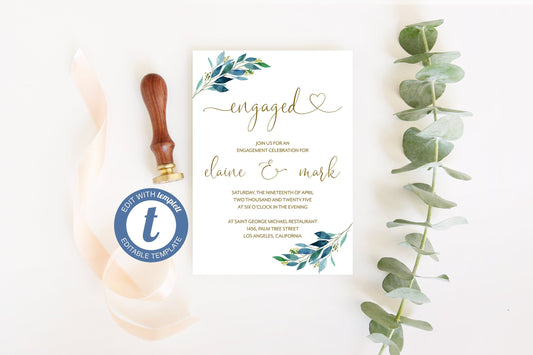 Dusty Blue Engagement Party Invite Template, Printable Invitation, Greenery Engagement Invitation Template, Instant Download  - Elaine  SAVVY PAPER CO