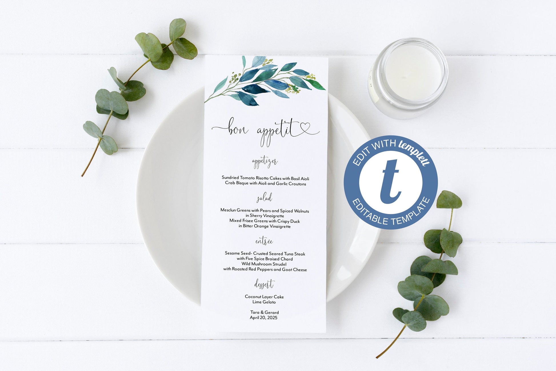 Dusty Blue Greenery Wedding Menu Printable Template, Editable Instant Download, Menu Cards, DIY Dinner Menu  - Elaine MENU|PROGRAMS|TIMELINE SAVVY PAPER CO