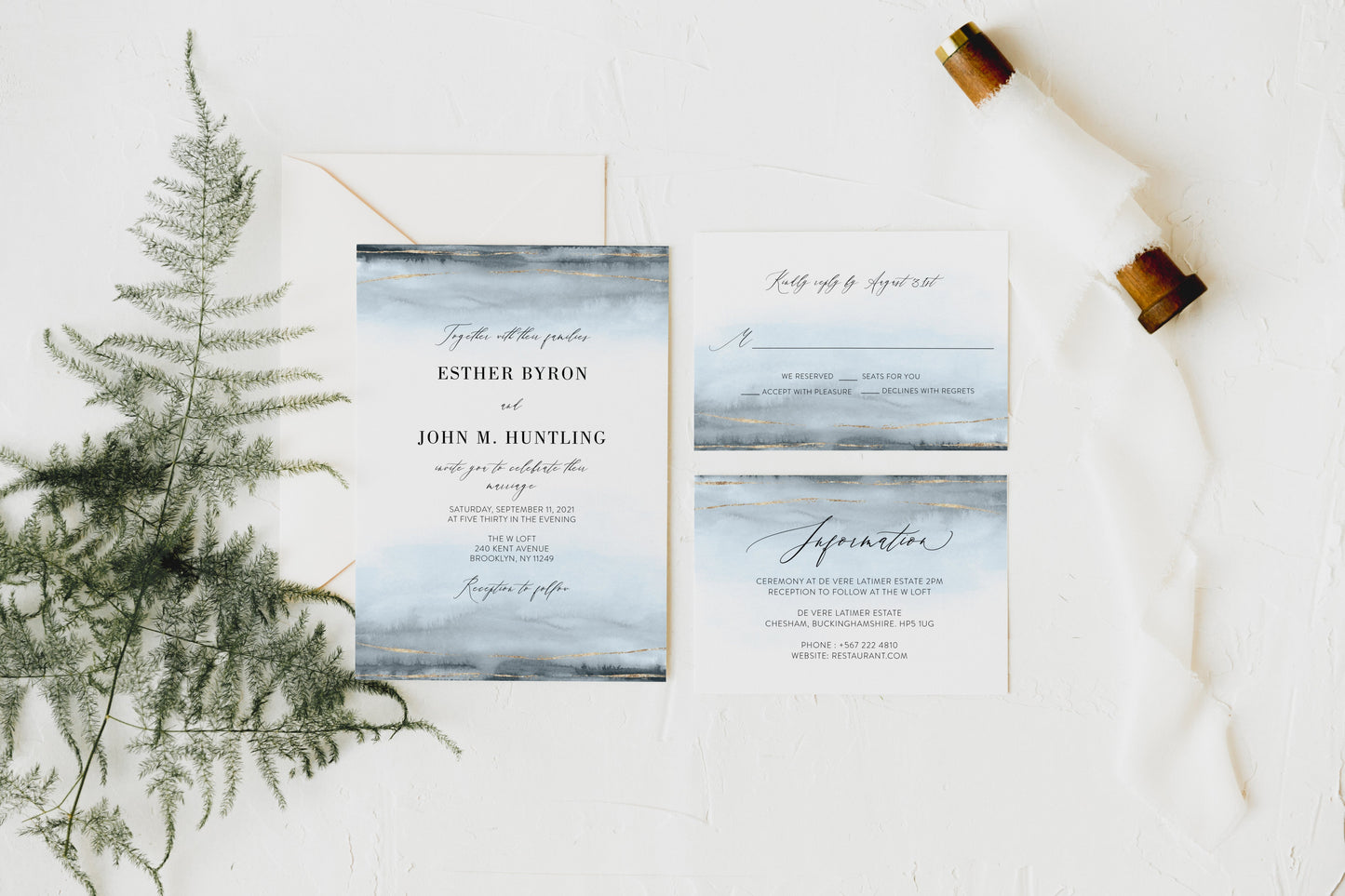 Dusty Blue Wedding Invitation, Elegant Wedding Invite, Printed Wedding Invitation Set, Watercolor Wedding Invitations, Gold Wedding  [ ]