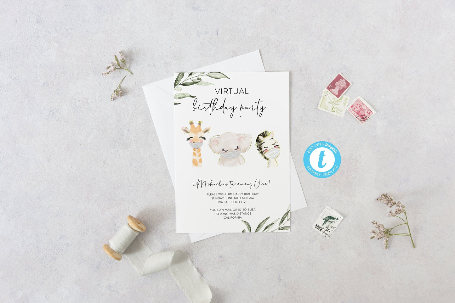 Editable Quarantine Birthday Invitation, Virtual Party Invitation, Woodland Editable Invite, Animals with face mask, Instant Download -Isla  SAVVY PAPER CO