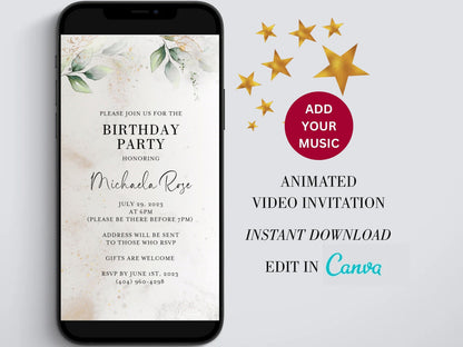Electronic Birthday Invitation Template, Digital Birthday Invite, Any Age, Gold Glitter, Instant Download Birthday Evite, Greenery Birthday  SAVVY PAPER CO