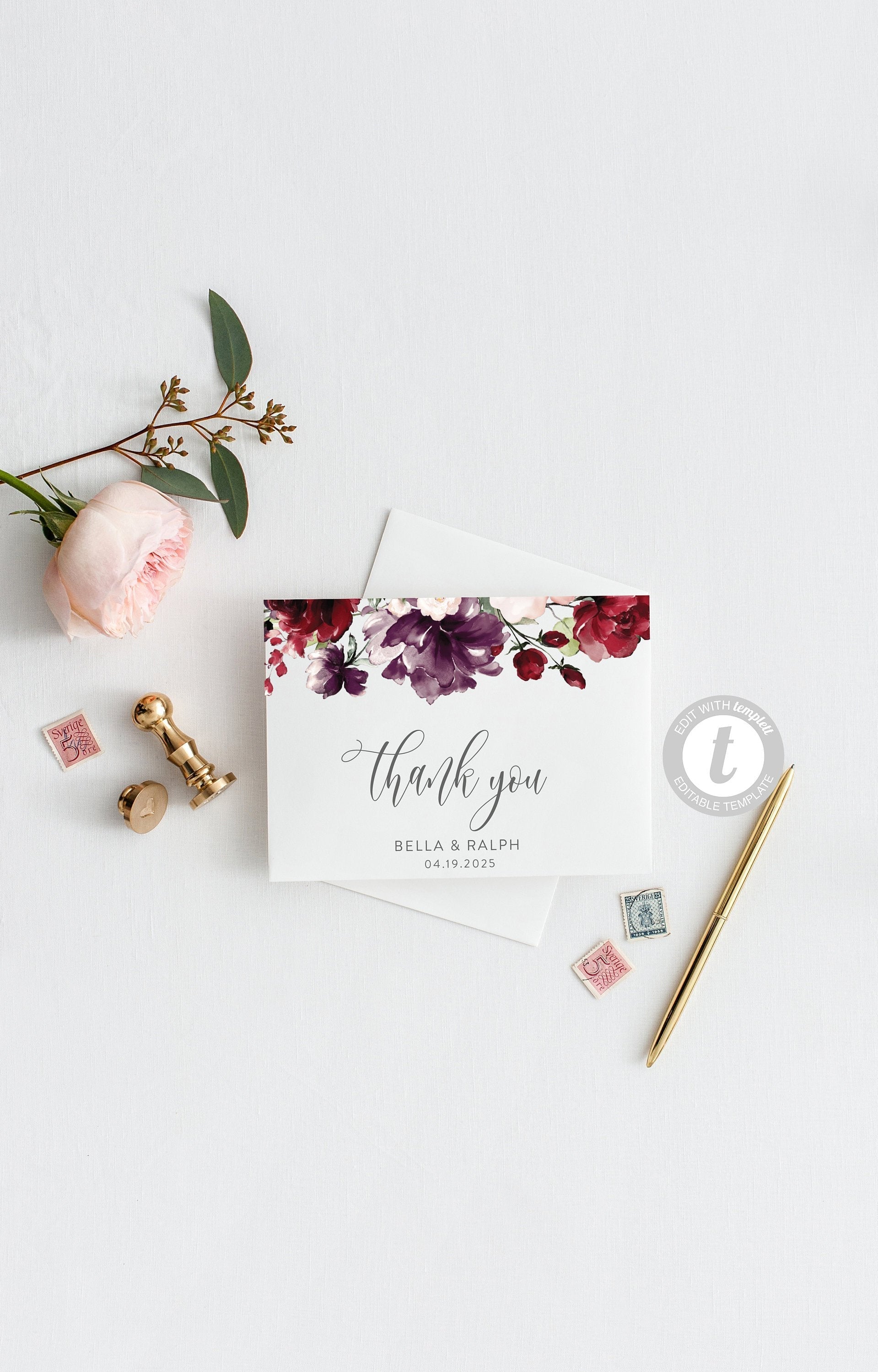 Elegant Wedding Thank You Card, Instant Download, Thank you Cards, Printable Thank You, Wedding Cards, Calligraphy, Burgundy Floral - Bella TAGS | TY | INSERTS SAVVY PAPER CO