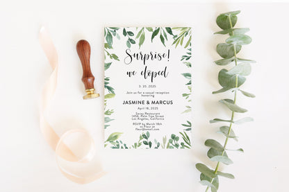Elopement Wedding Invitation Template, Editable Wedding Invite, Printable, Greenery, Wedding Announcement, We Tied the Knot  - Jasmine  SAVVY PAPER CO