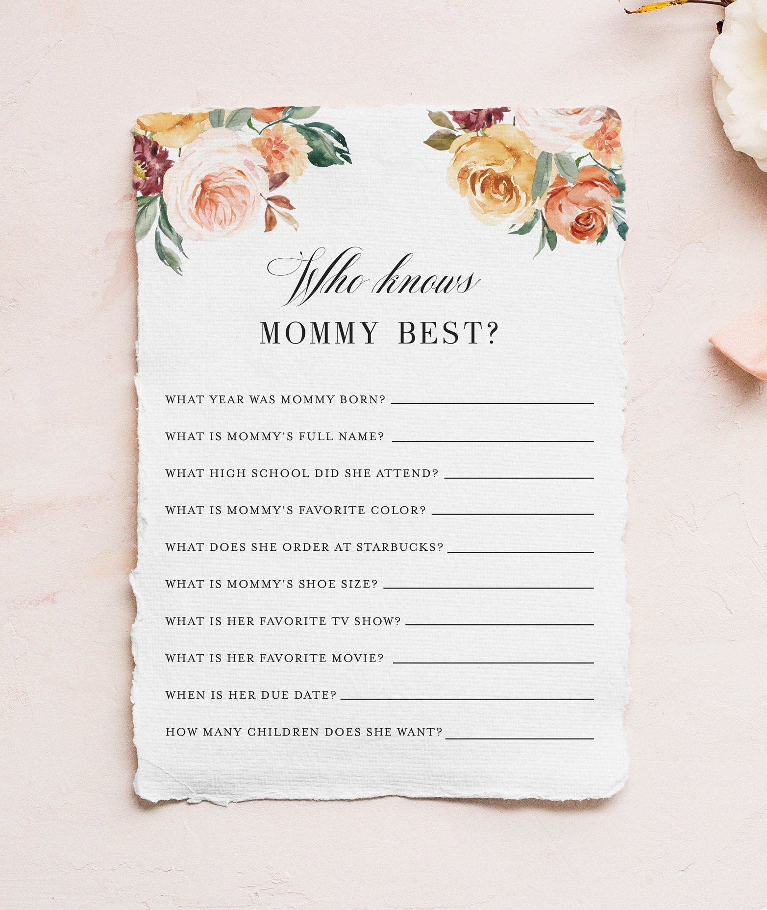 Fall Baby Shower Who knows mom Best, Who knows mommy best, Baby Shower Printable #KR1 GAMES INSERTS SIGNS SAVVY PAPER CO