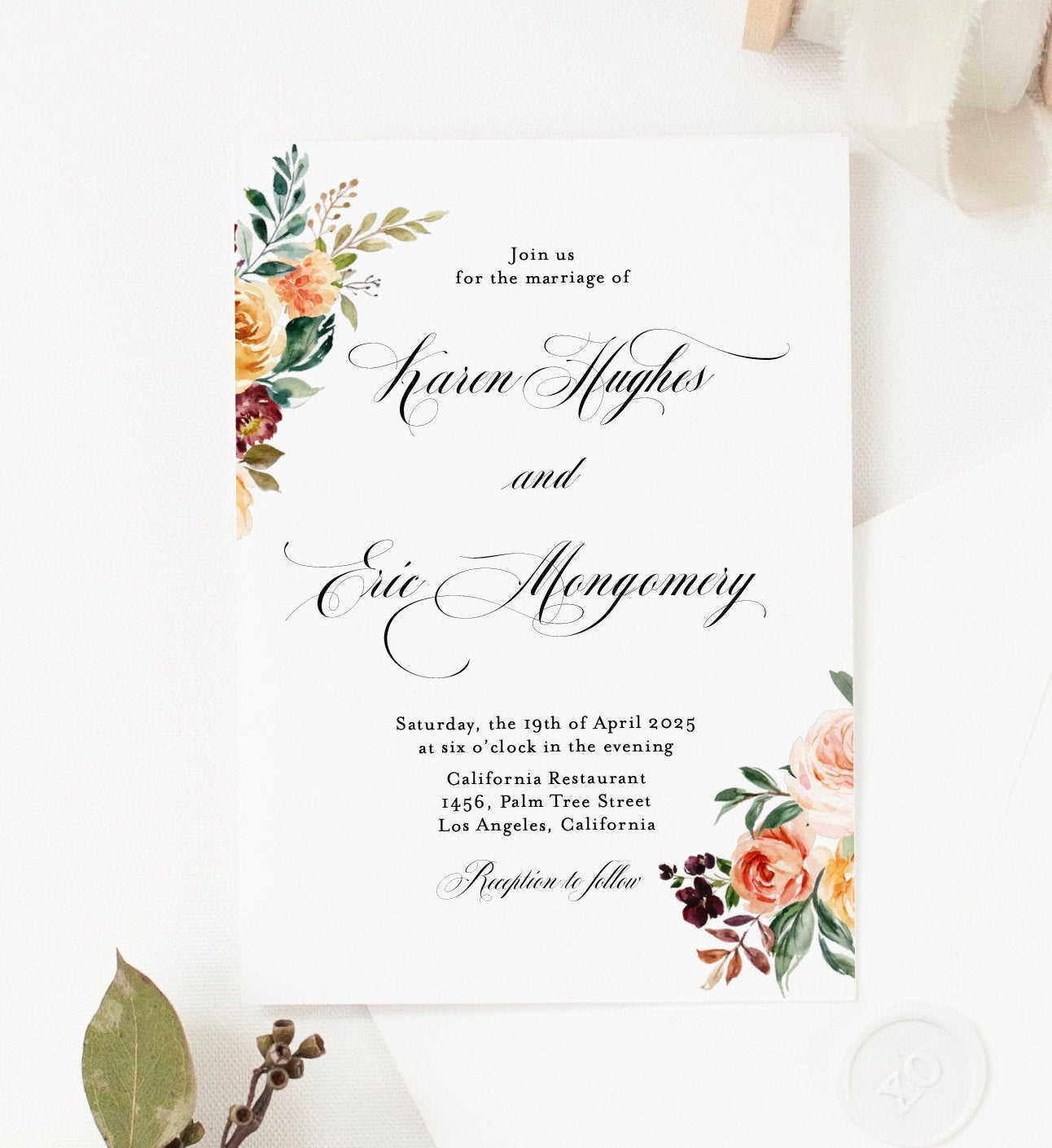 Fall Wedding Invitation Template Instant Download Templett Printable Editable Gold Floral Golden - Karen WEDDING INVITATIONS SAVVY PAPER CO
