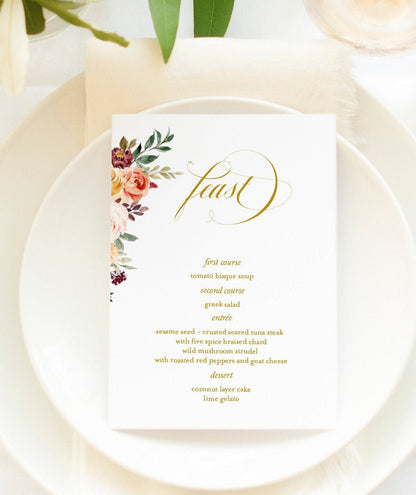Fall Wedding Menu Printable Template, Editable Instant Download, Menu Cards, DIY Dinner Menu Floral Watercolor  - Karen MENU|PROGRAMS|TIMELINE SAVVY PAPER CO
