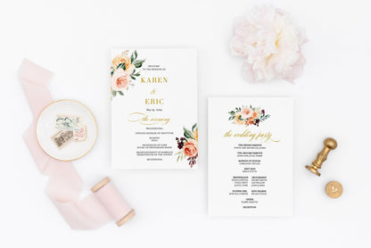Fall Wedding Program Fan Template Printable Ceremony Programs Card Floral Watercolor Editable Template Instant download - Karen MENU|PROGRAMS|TIMELINE SAVVY PAPER CO