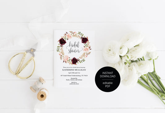 Floral Blush Bridal Shower Invitation Instant Download Printable Editable Template DIY Bridal Shower Invite - Katherine SHOWERS | BACHELORETTE SAVVY PAPER CO