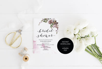Floral Bridal Shower Invitation Instant Download Printable Editable Template DIY Bridal Shower Invite Fall - Elisa SHOWERS | BACHELORETTE SAVVY PAPER CO