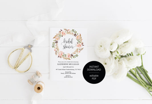 Floral Bridal Shower Invitation Instant Download Printable Editable Template DIY Bridal Shower Invite - Katherine SHOWERS | BACHELORETTE SAVVY PAPER CO